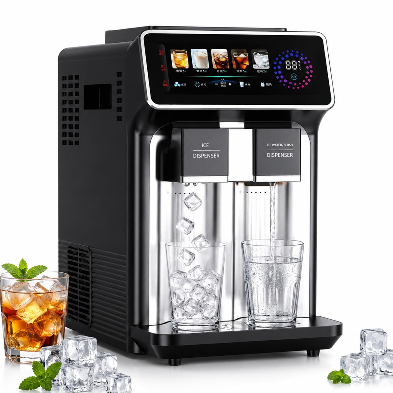 lilishangmao Countertop Ice Maker, Portable Ice Cube Maker Machine with Chilled Water Dispenser, 15kg Daily Ice Output, 5 Dispensing Modes, Touch Panel for Home, Office and Small Café