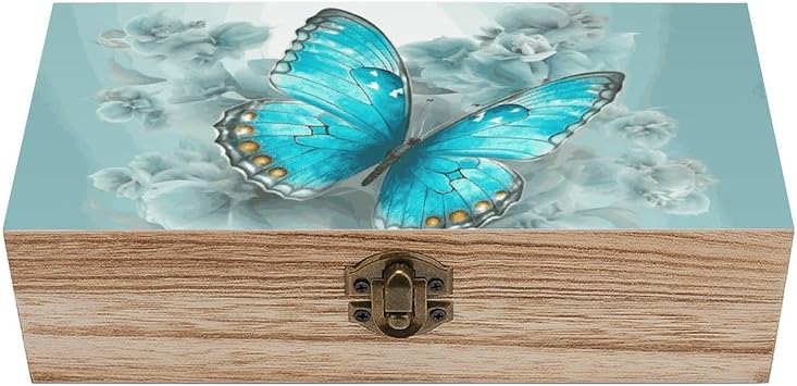 Light Blue Butterfly Wooden Storage Box with Hinged Lid Decorative Keepsake Organizer Front Clasp Wood Container Memory Treasure Box Storage Case for Crafts Photo Jewelry