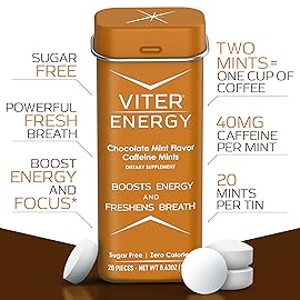 Viter Energy Caffeinated Mints 40mg Caffeine, B Vitamins, Sugar Free. (Chocolate Mint, 20pcs, 6 Pack)