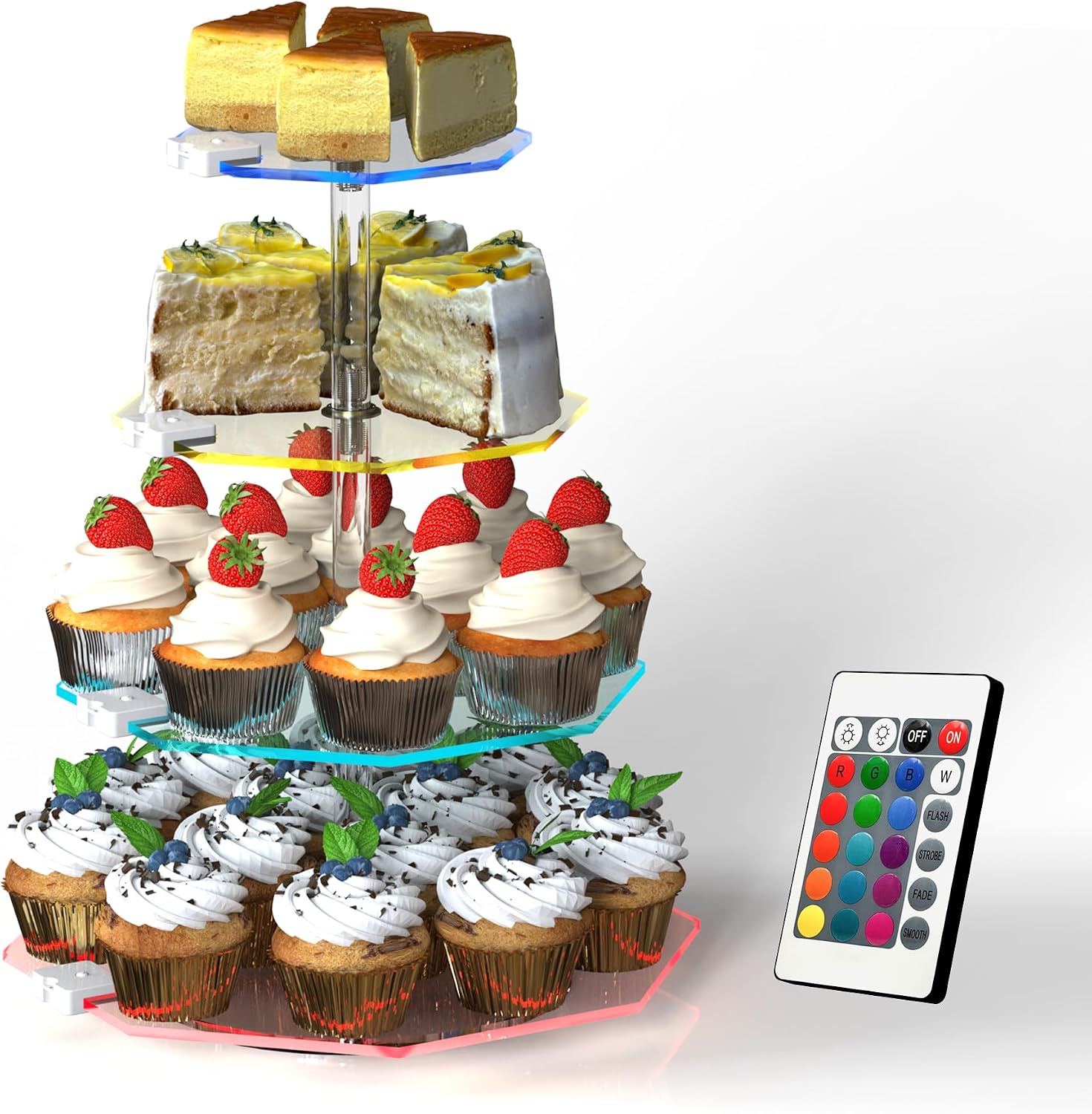 4-Tier Rotating Cupcake Stand, Clear Acrylic 360° Spinning Dessert Display Tower for Cakes & Pastries, Serving Stand for Weddings, Birthdays, Parties-Polygon
