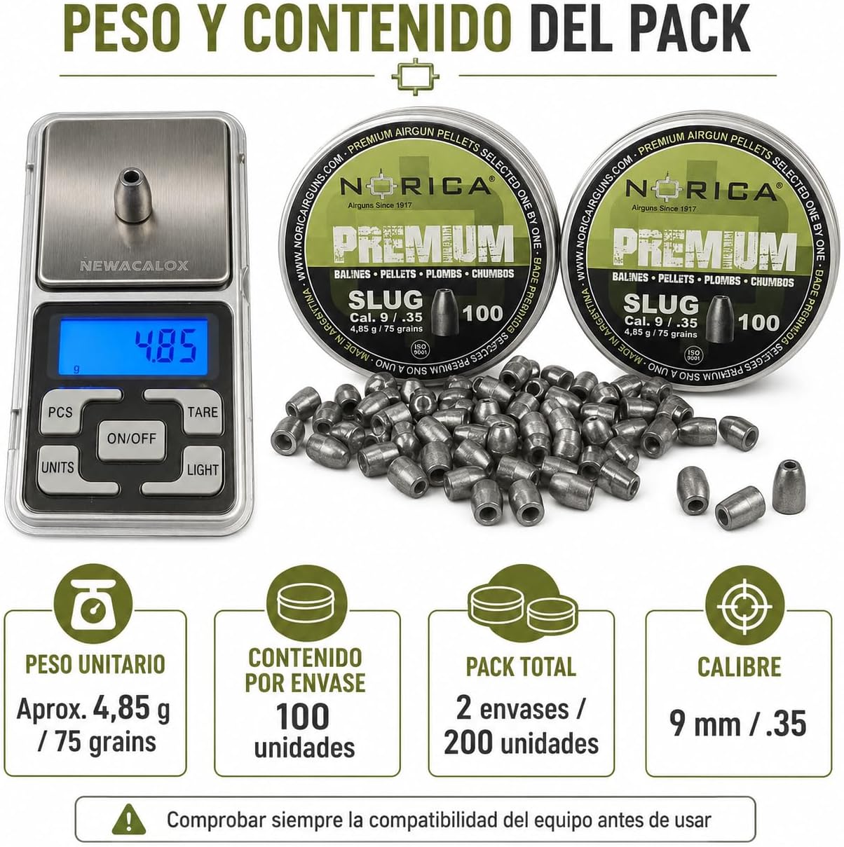 Zestaw 2 sztuk Norica Premium Slug Calibre 9 mm / .35 - Balines sprężonego powietrza, 4,85 g/75 ziaren, łącznie 200 szt
