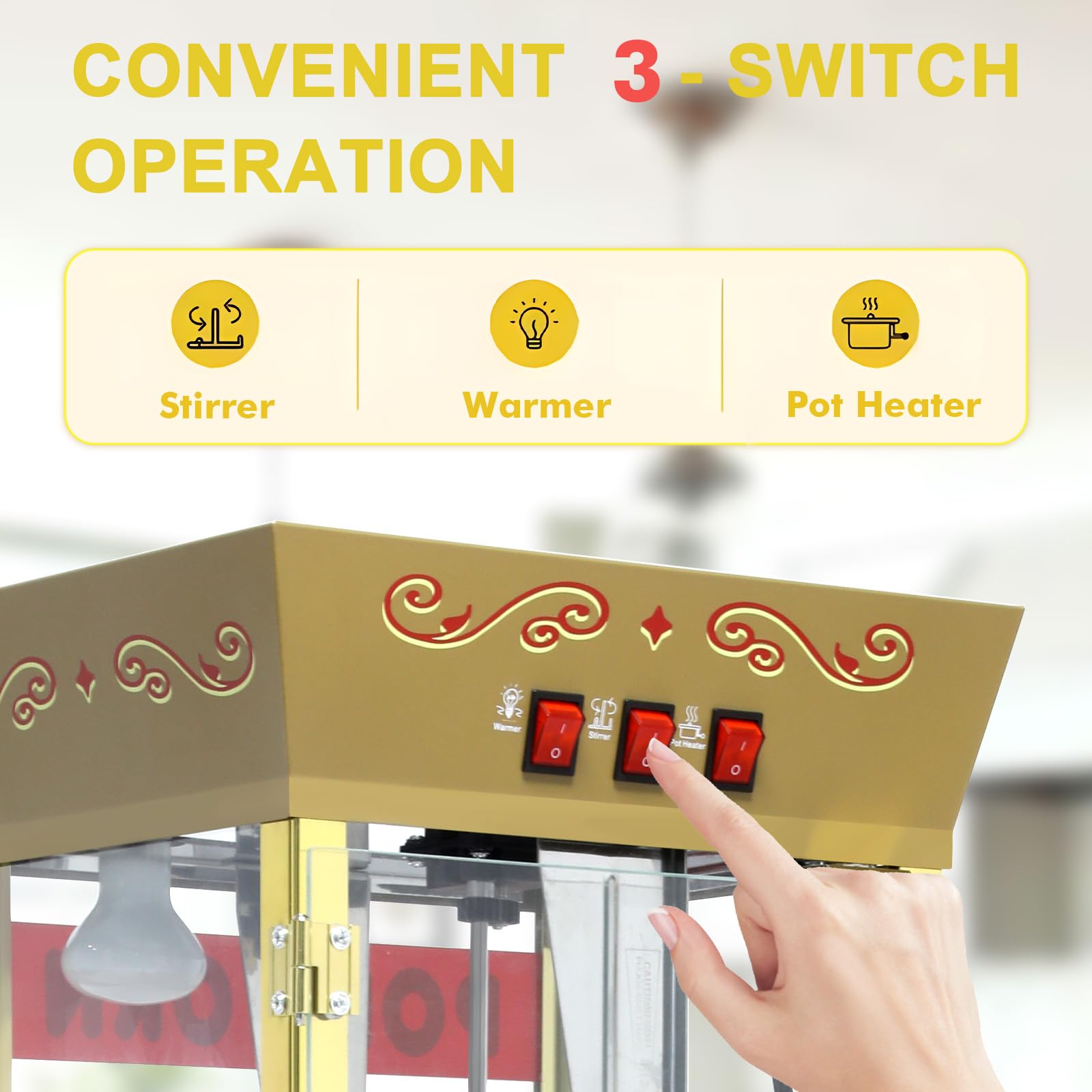 2025 Upgraded 12 oz Popcorn Machine Cart, Popcorn Maker Machine with Stainless-Steel Kettle Makes Up to 48 Cups, Movie Theater Pop Corn Machine with 3-Switch Control & Tempered Glass Doors, Red