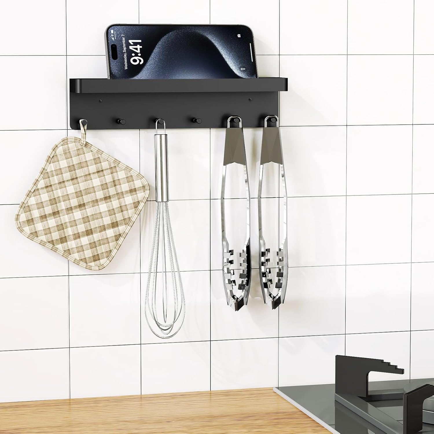 Wall Decoration Key Holder Wall Decoration - Mail Organiser and Key Rack with Tray for Hallway Kitchen Farmhouse Decor, Stainless Steel Key Hooks Letter Holder Wall Mounted - 6 Hooks(Black)