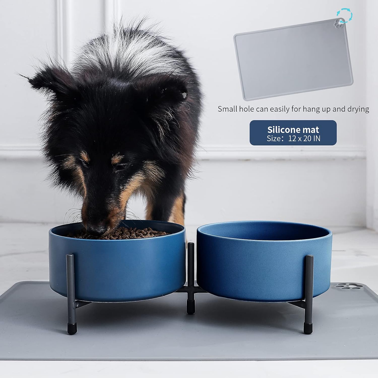 6 Inch Ceramic Cat Dog Bowl Dish Sets with Metal Stand and Silicone Mat for Food and Water - 32 Ounces Pet Food Water Feeder Cats Small Dogs - Navy - Set of 2
