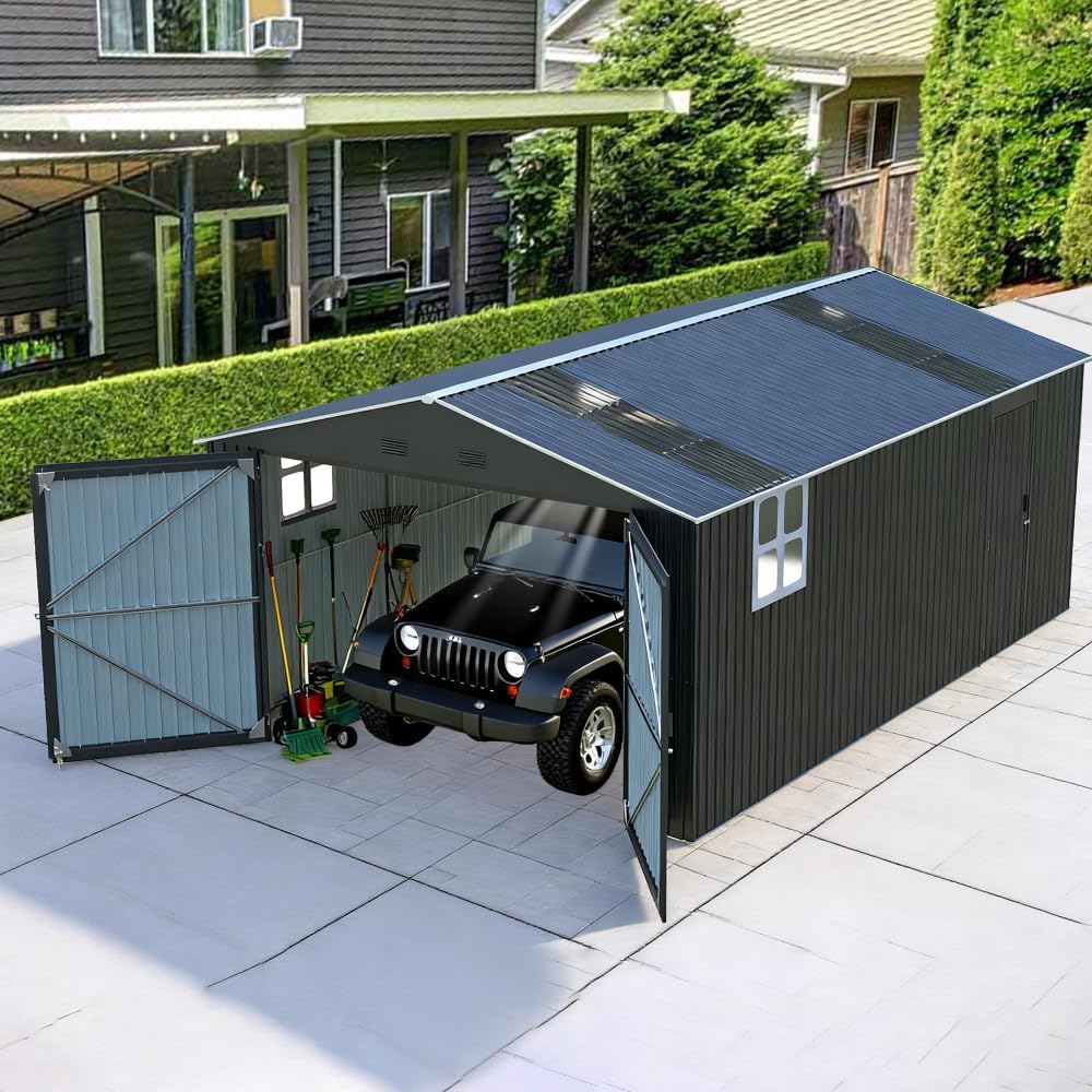 Large Outdoor Metal Storage Shed, 13x20 FT Garage Building with Two Windows and Two Translucent Panels for Car, Truck, Bike, Lawnmower, and Yard Tools