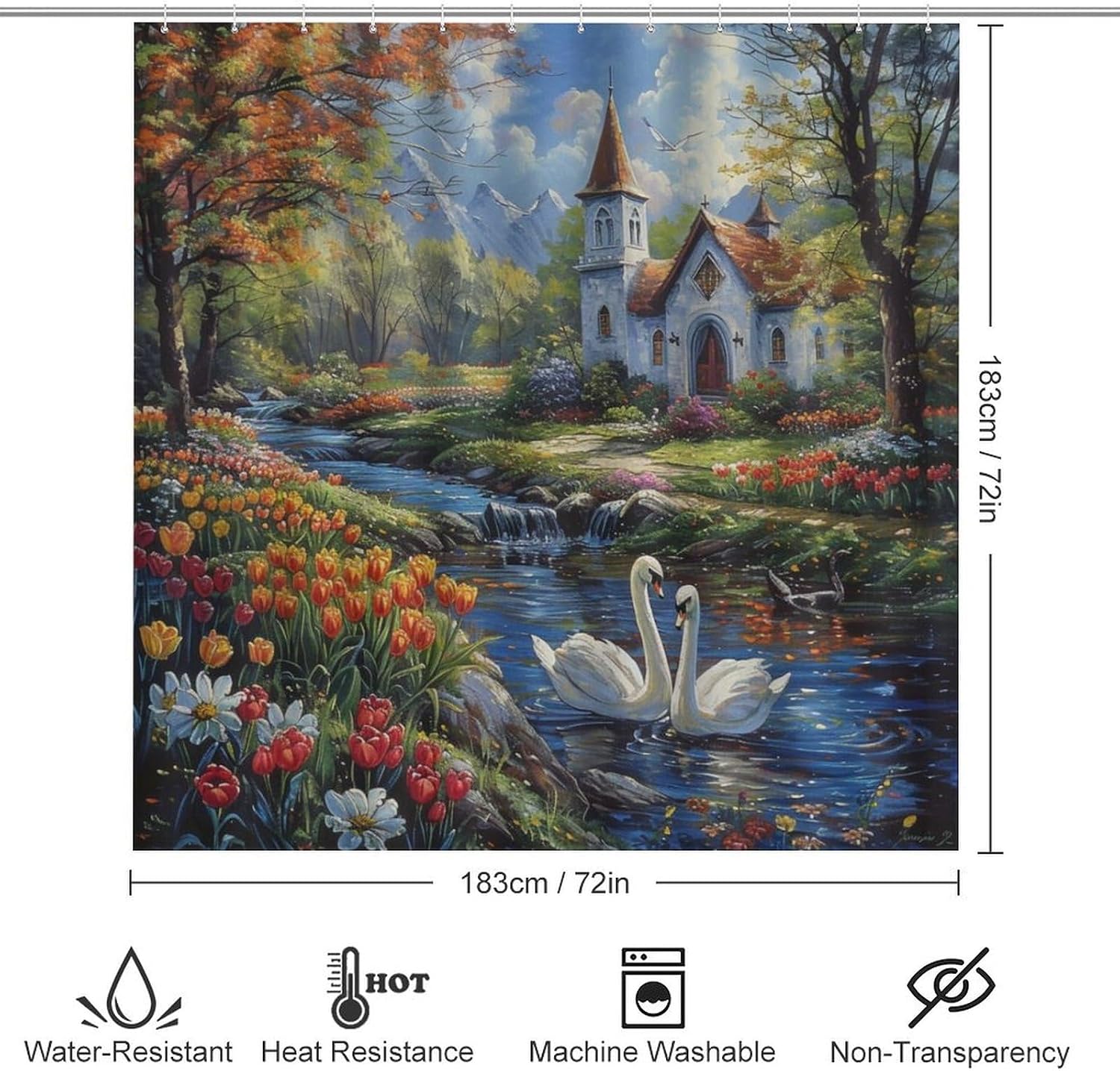 Watercolour Swan Shower Curtain Sets with Toilet Lid Cover and Rugs, Beautiful Tulips Nature Animal Woods Bathroom Decor Set with Rug U Shape Mat, Waterproof Shower Curtain with 12 Hook 4Pcs