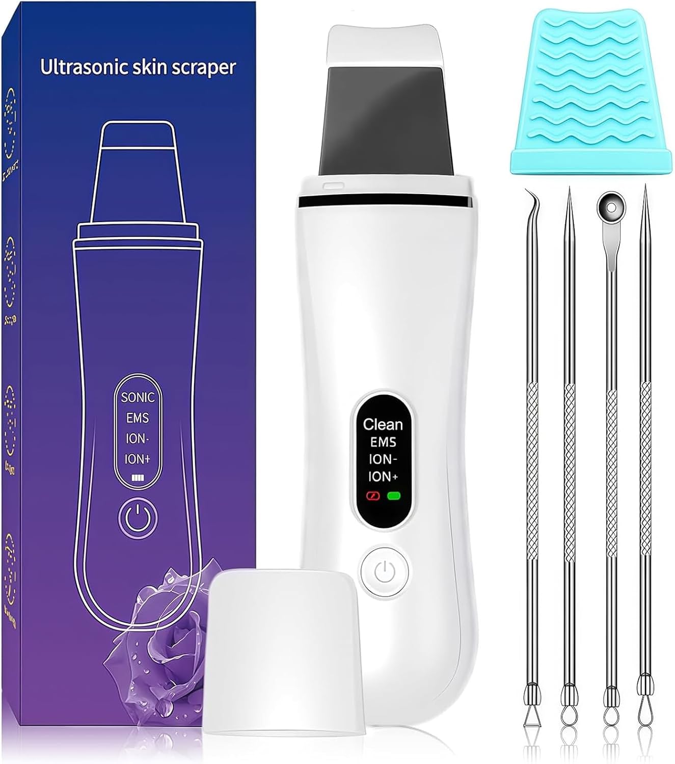 Blackhead Remover Tools for Facial Skin, Face Scrubber for Black Head, Face Pore Ion Scrubber & Cleaner with 4 Modes, Ultrasonic Spatula with Silicone Covers (Blue)