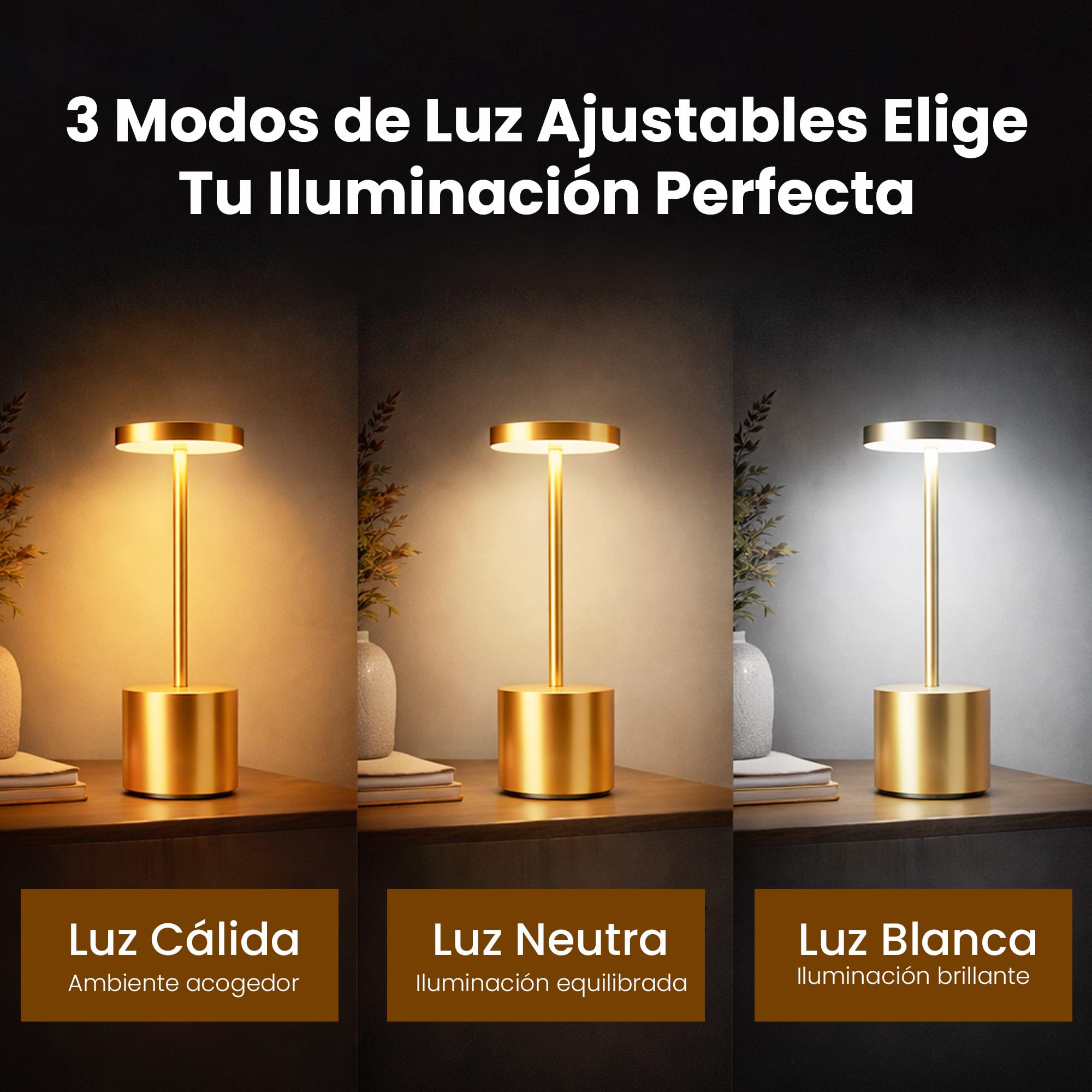 Pack de 2 Lámparas de Mesa LED Inalámbricas Recargables Doradas – Control Táctil, 3 Modos de Luz, Brillo Regulable, Diseño Moderno para Dormitorio, Salón, Restaurante o Bar
