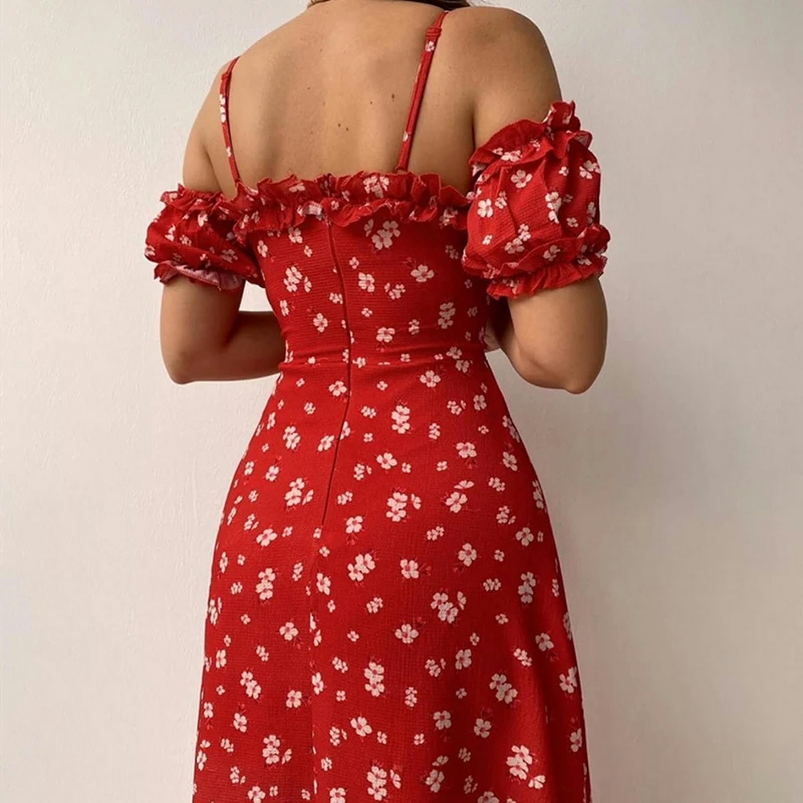 Elegante Estampado Casual de Verano Vestido Dividido Hombro a Hombro Vestido Midi de Manga Corta para Mujeres, Adecuado para Fiestas de Clubes de Vacaciones, HUTALIM, Azul claro, m