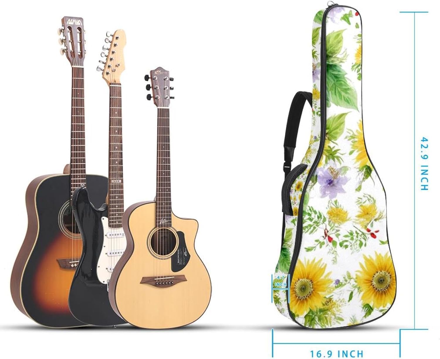 40/41/42-inch Aesthetic Sunflower Acoustic Guitar Bag With Adjustable Shoulder Strap And 2 Storage Bags. Guitar Bag With Back Hanging Loop, Electric, and Classical Guitars