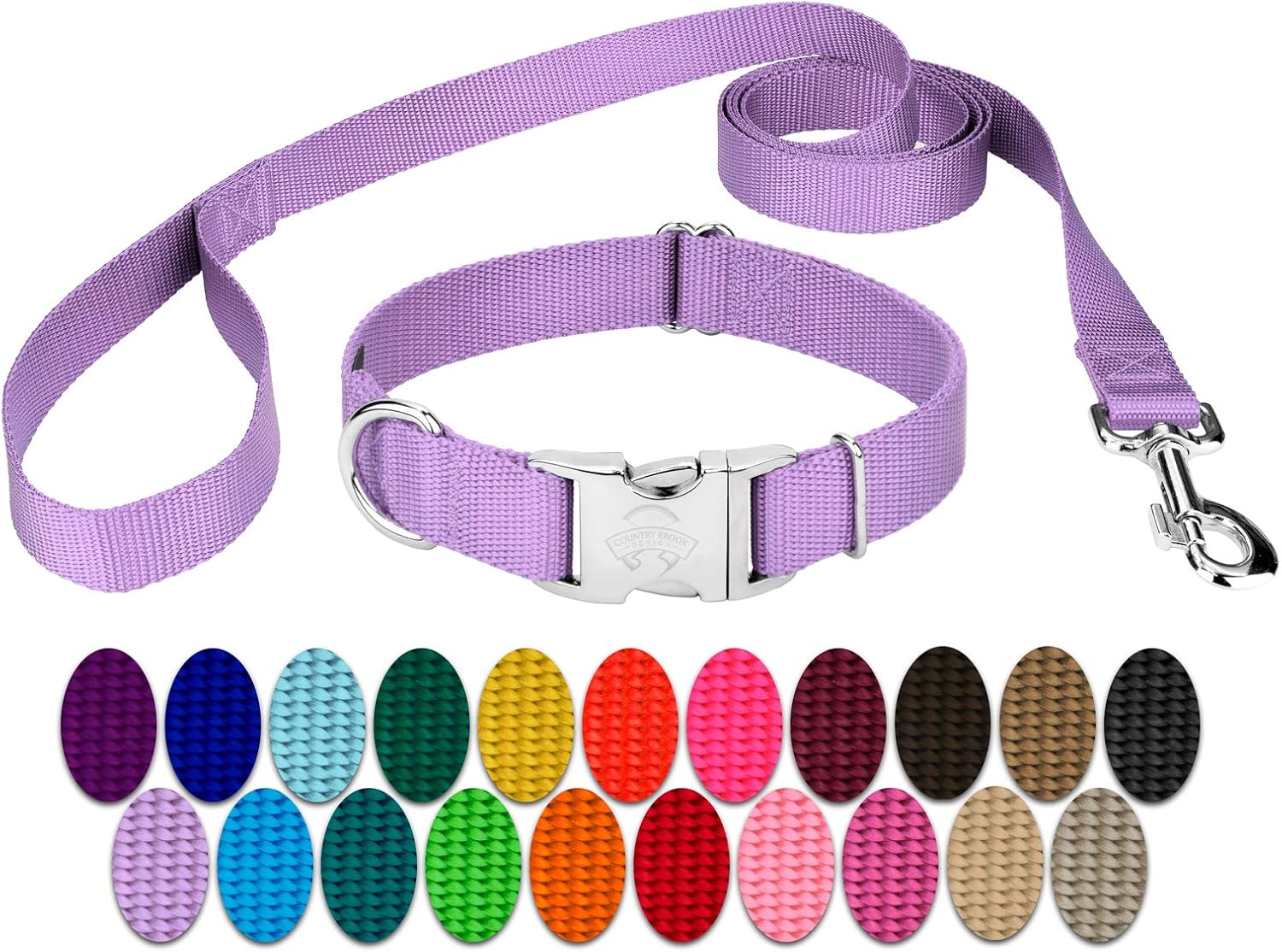 Country Brook Petz - Premium Nylon Dog Collar and Leash - 10+ Cool Colors (Large, 1 Inch, Lavender)