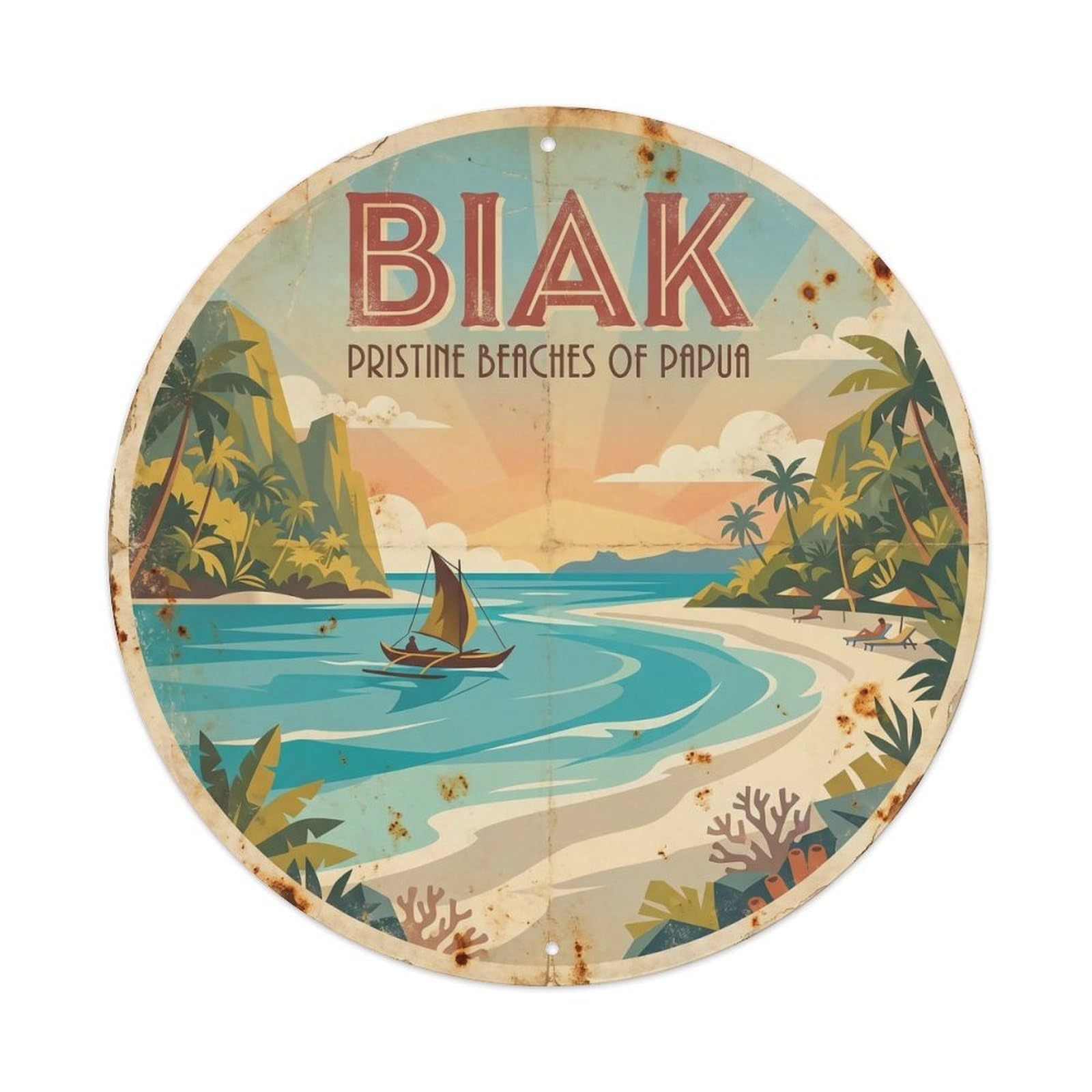 Odgynaw 8X8inch(20X20cm) Biak Island Beach Escape Seaside Scenery Metal Tin Sign