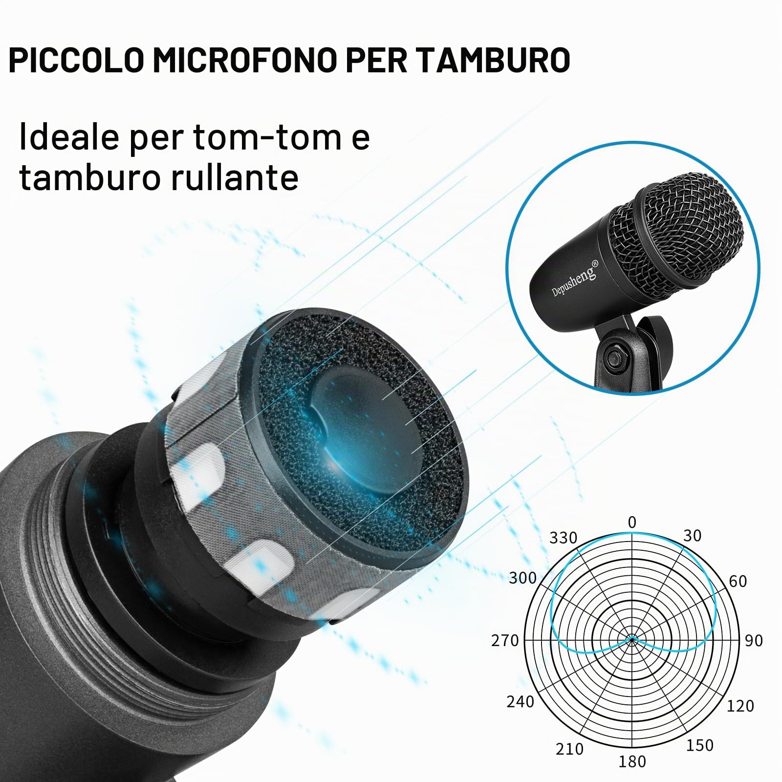 Depusheng Set microfono per batteria da 7 pezzi Con 5 microfoni dinamici a percussione e 2 microfoni a condensatore a percussione Ideale per la registrazione di strumenti e la produzione musicale