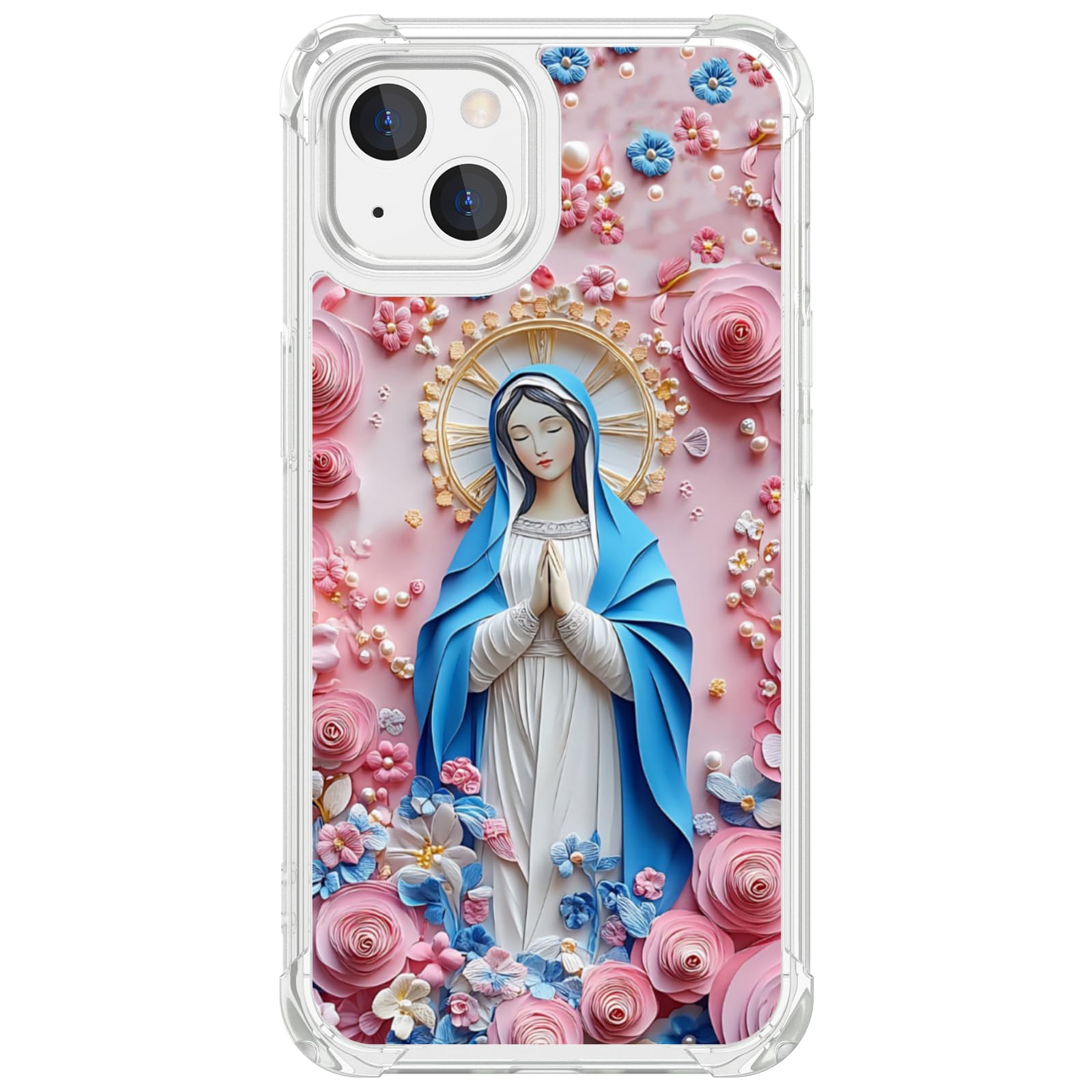Seconddog Virgin Mary Catholic Case Compatible with iPhone 14, 3D Art Flower Style Pattern Design Protection Cover Clear Case Drop Protection for Boy