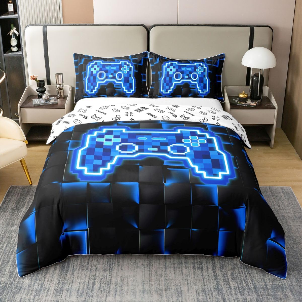 Video Games Kid 100% Cotton Duvet Cover Twin Size,Pixelated Block Gamepad Bedding Sets 2Pcs Kids Girls Teens Room Decor,Neon Blue Black Plaid Comforter Cover Modern Cool Quilt Cover,1 Pillowcase