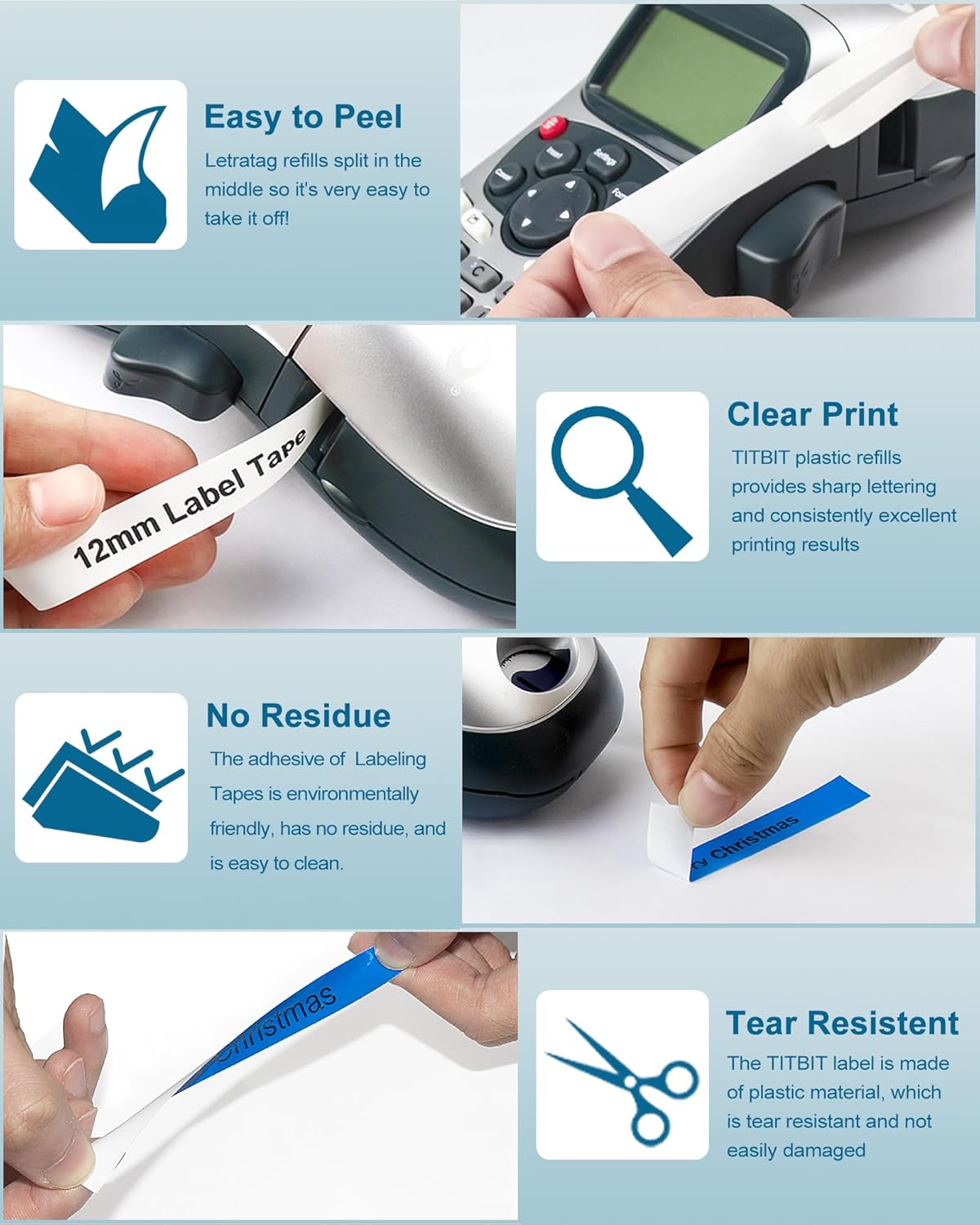 TITBIT Labels Compatible with DYMO Letratag 200B Refills Colored Work for DYMO 100H 100T QX50 XR XM Label Maker Tape Plastic White/Blue/Yellow/Red/Green,91331 91332 91333 91334 91335,1/2”x13',5-Pack - Image 4
