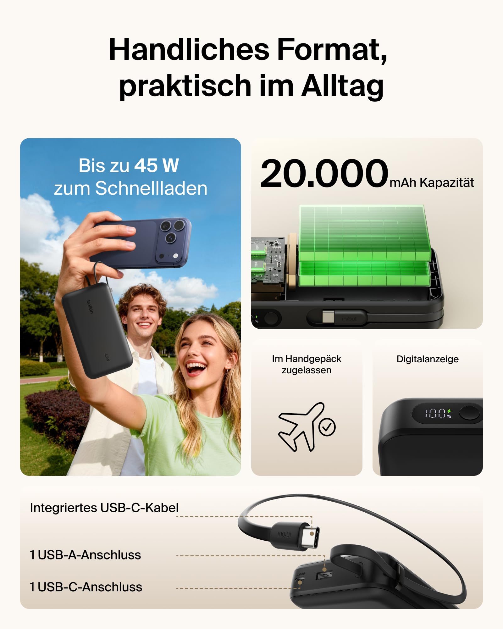 Belkin UltraCharge 20000mAh Power Bank, USB-C-Kabel und Anzeige – Schwarz