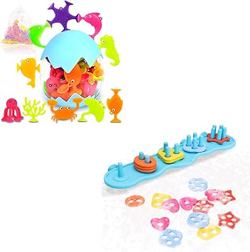 Mold Free Bath Toys, 18 Pcs Ocean Animal Suction Cup Toys with Eggshell & Bag + Shape Sorting & Stacking Bath Toy Set with 20 Textured Floating Pieces