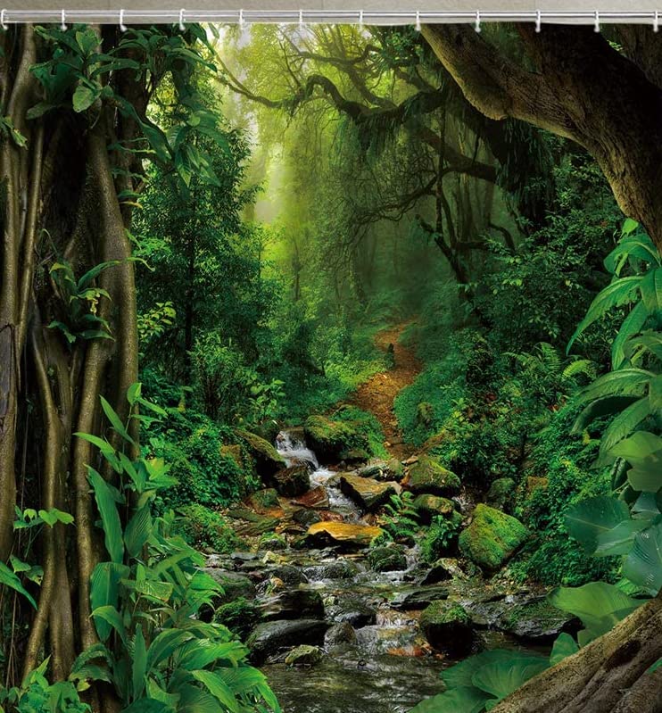 Tropical Rainforest Shower Curtain Green Jungle Primeval Forest National Park Natural Scenery Green Tree Lush Bushes Mossy Rocks Clear Stream Wild Theme 72 X 72 Inch