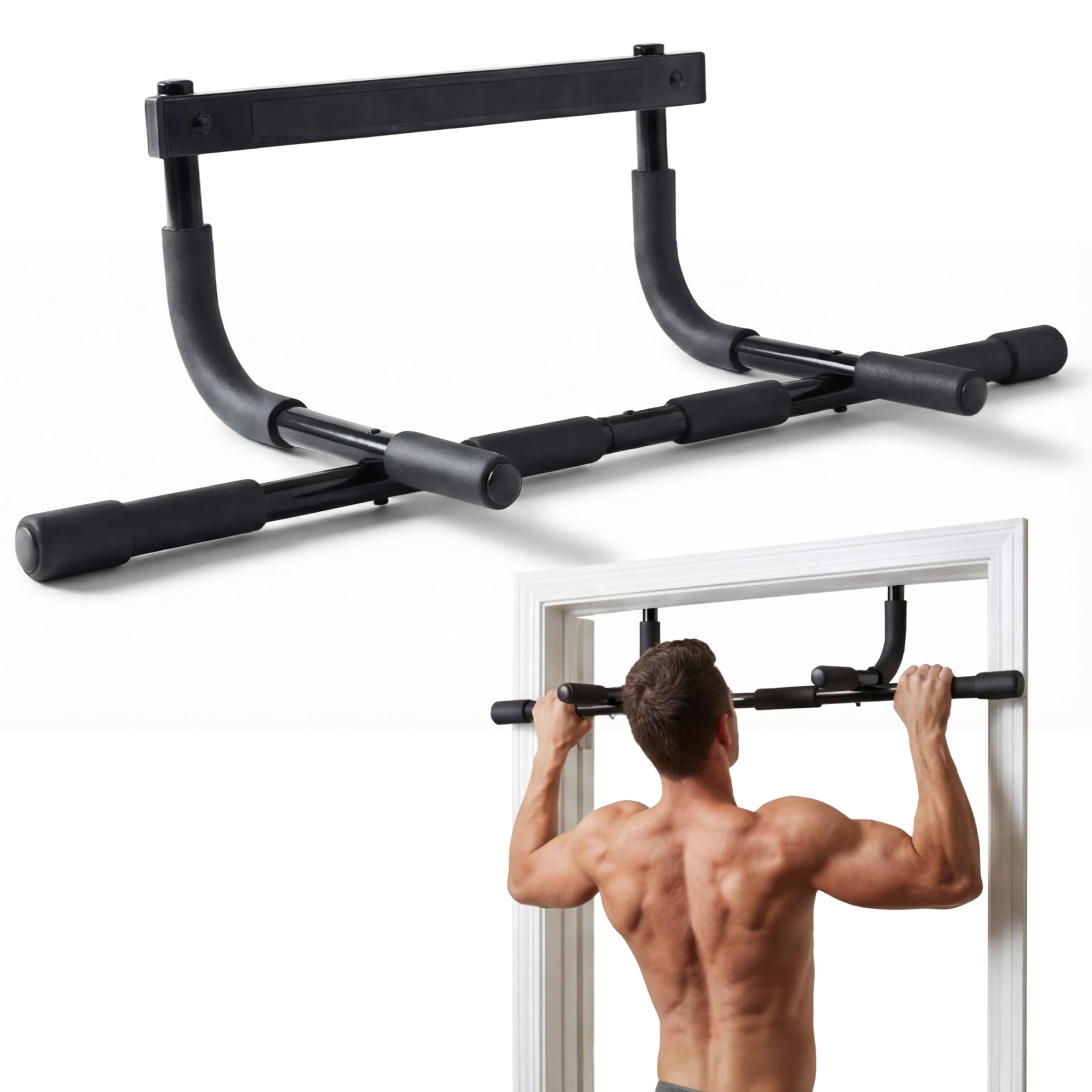 DMoose Fitness Pull Up Bar for Doorway - No Screwing or Slipping, Hanging Pullup &amp; Chin Up Bar for Door Frame - Multi Padded Grips for Strength Training with Installation Guide