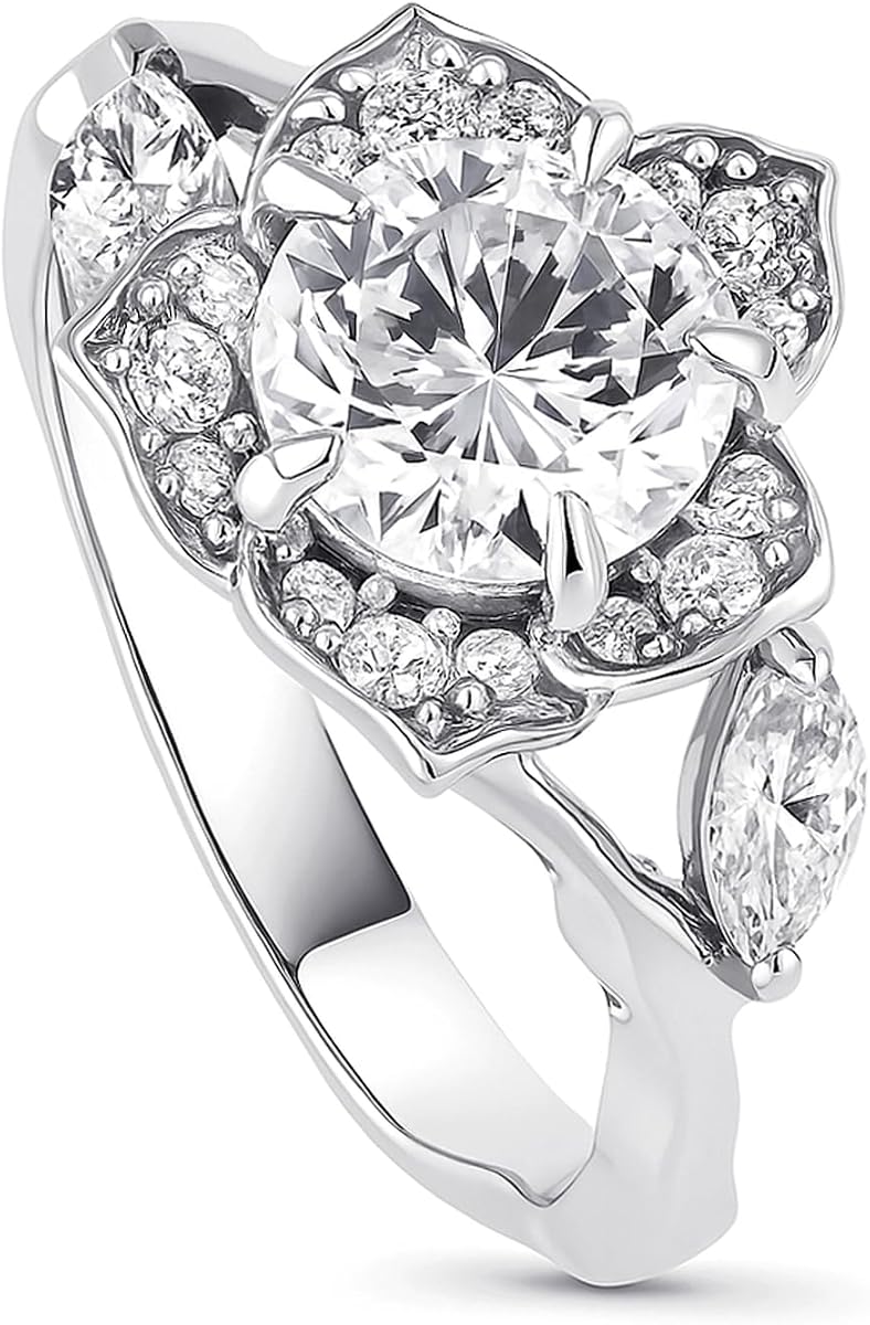 BERRICLE Sterling Silver Flower Wedding Engagement Promise Rings for Her, Trendy Statement Simulated Diamond Cubic Zirconia Ring for Women - Oval, Round Cut Designs