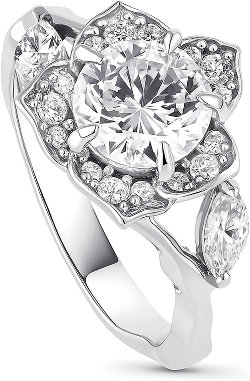BERRICLE Sterling Silver Flower Wedding Engagement Promise Rings for Her, Trendy Statement Simulated Diamond Cubic Zirconia Ring for Women - Oval, Round Cut Designs