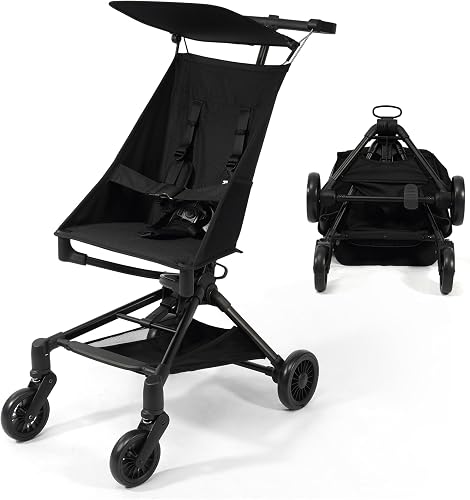 Lightweight Travel Stroller for Airplane, 10.5 lbs Compact Foldable Baby Stroller with Sun Visor & Storage Basket, Convenience Airplane Strollers with Lockable Rear Wheels and Breathable Fabric, Black