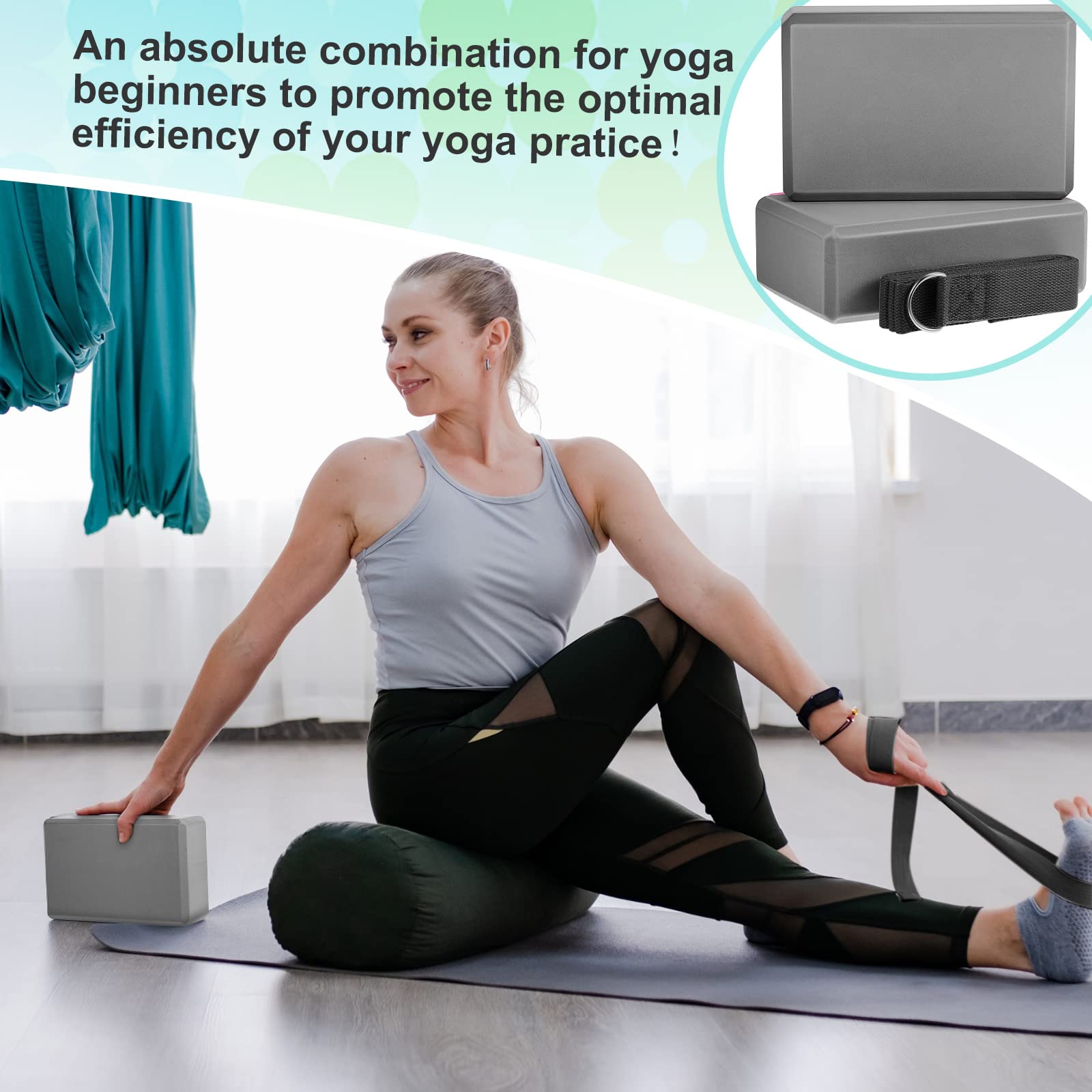 Yoga-Block und Yoga-Gurt-Set, EVA-Schaumstoff, 22,9 x 15,2 x 7,6 cm, rutschfester Yoga-Block, 2,4 m, Yoga-Gurte zum Dehnen, D-Ring-Gurt für Yoga, Pilates, Fitness, Workout, Übung