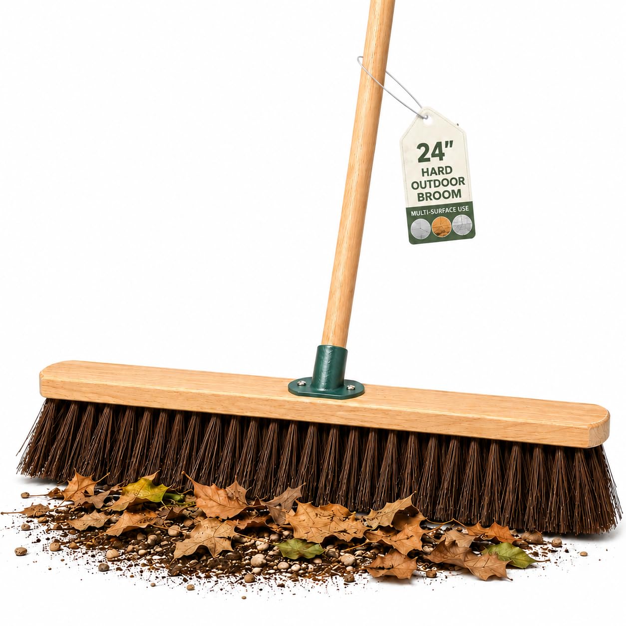 24” Broom Outdoor Yard Broom Sweeping Brush Natural Stif Bristles with Wooden Handle Garden Brooms for Cleaning Patio Yards Driveways Warehouse and Garage (Stiff Natural Bassine Bristles)