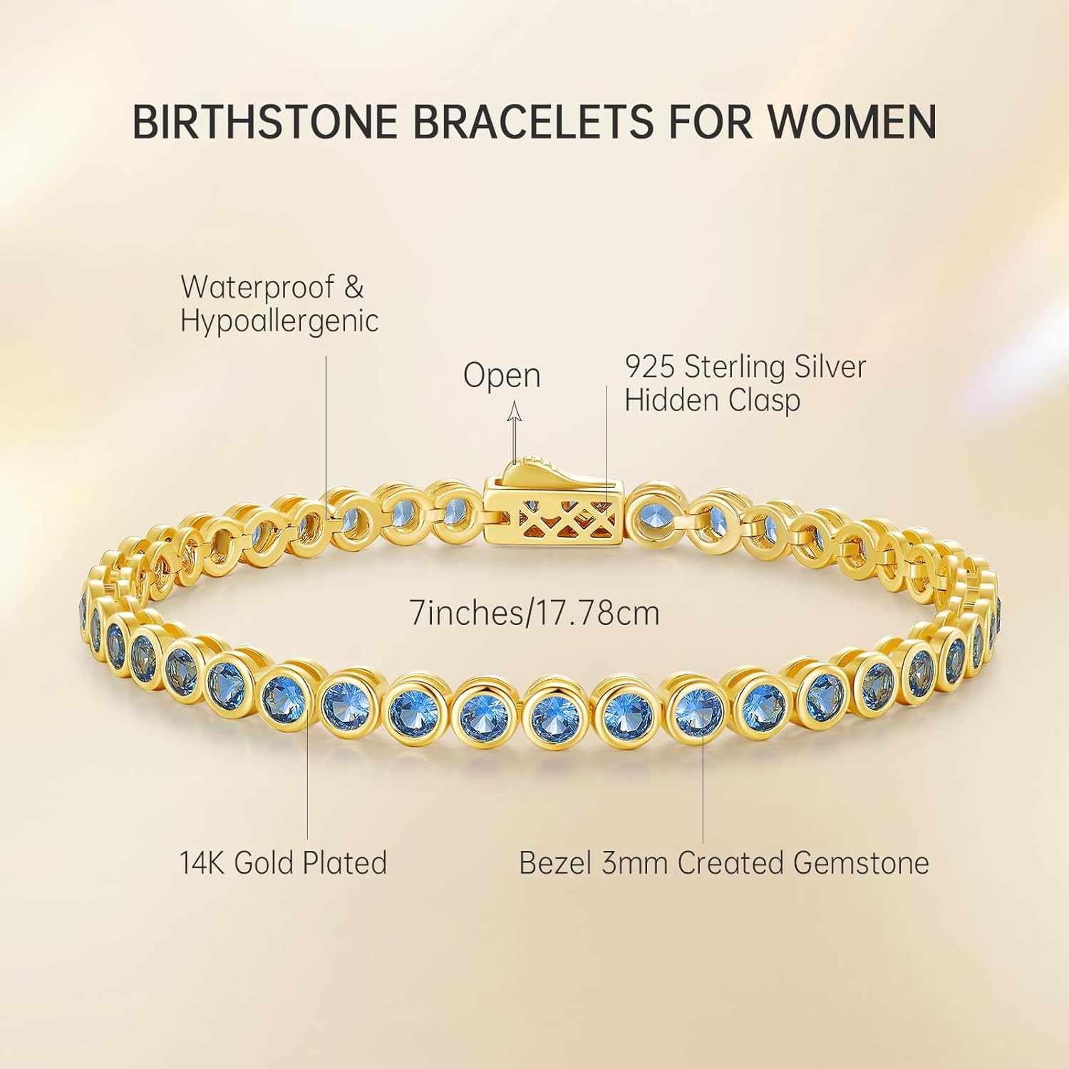 ETERMBOL Birthstone Tennis Bracelets for Women, 925 Sterling Silver 14K Gold Plated Bracelet 4mm Round Cubic Zirconia Bezel Setting, jewelry Gift for Women Mom Wife Her on Anniversary Birthday, 7 Inch - Image 3
