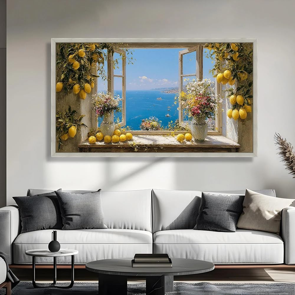 GKUVBF Tableau sur toile représentant une vue de la mer Méditerranée, une nature morte avec un citronnier et des fleurs, fenêtre ouverte, décoration intérieure côtière (90x180cm/sans cadre)
