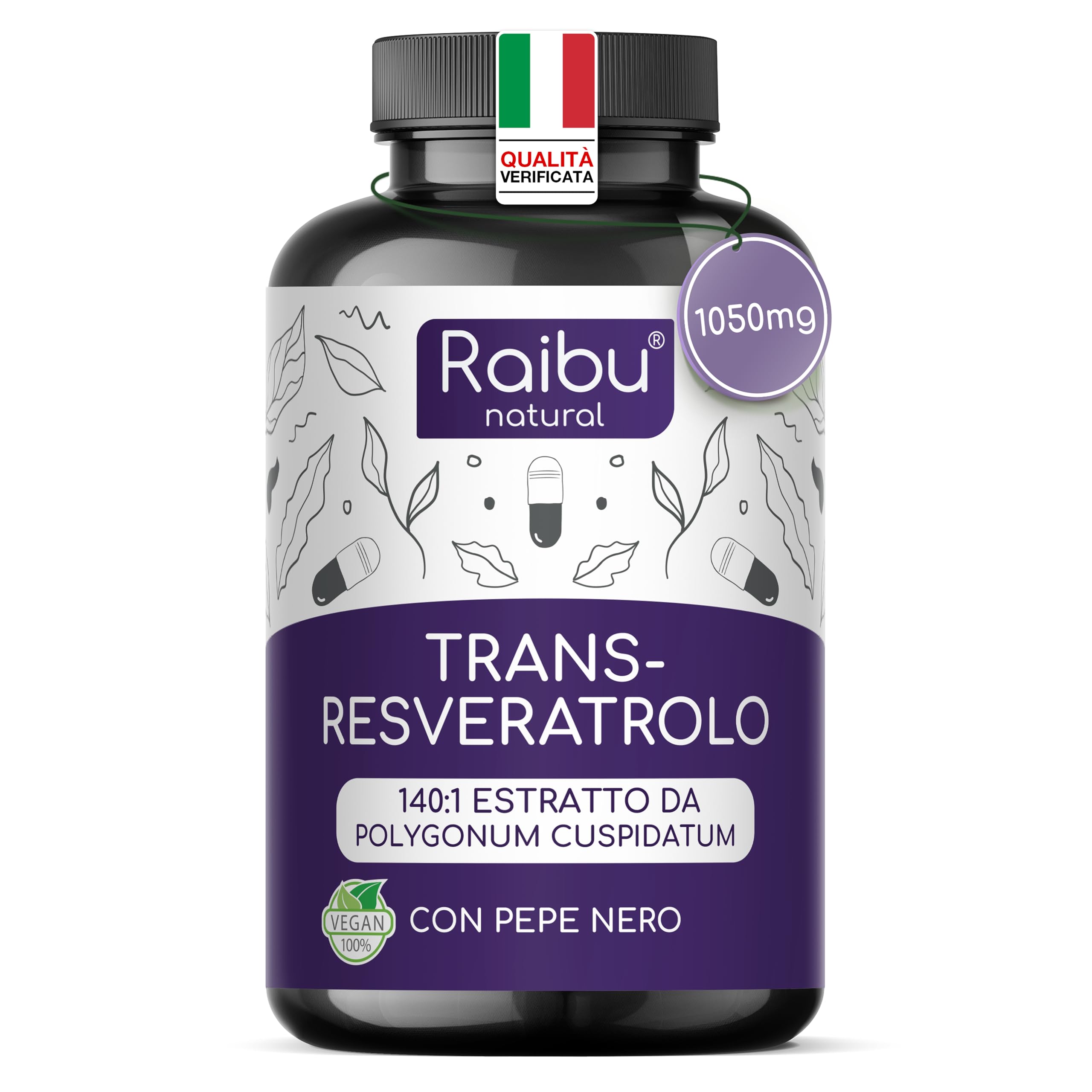 Resveratrolo Puro, 1050mg di Trans-Resveratrolo 98% da Polygonum Cuspidatum - Antiossidante Naturale, Alto Assorbimento - Senza Magnesio Stearato né OGM - 60 capsule vegane