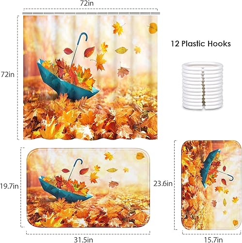 Miniatura 2 de Arttown Juego de baño de otoño con cortina de ducha y alfombras y accesorios, juego de cortina de ducha de paraguas de otoño de hoja de arce,
