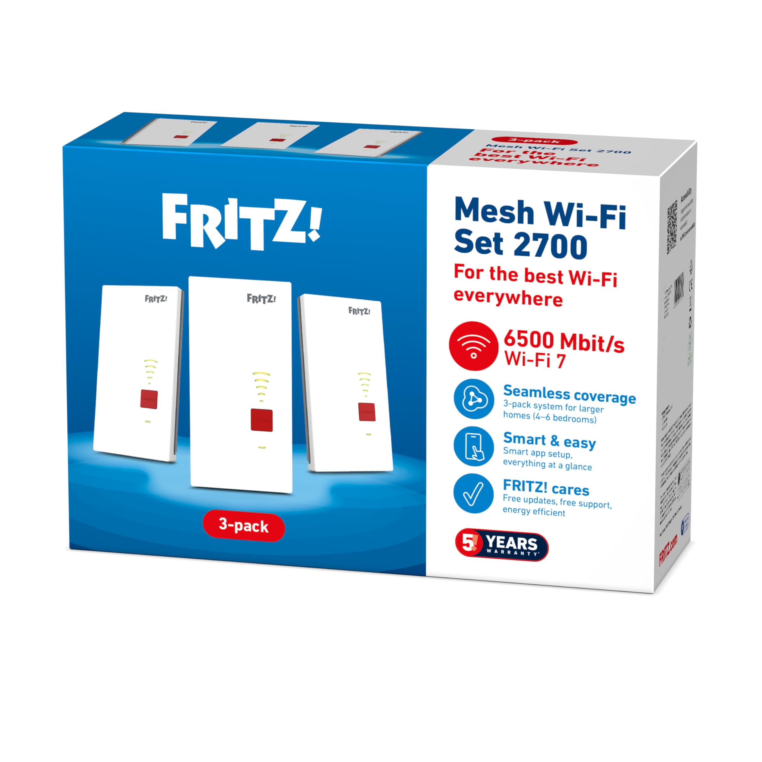 FRITZ!Mesh Set 2700 da 3 | Per 5-7 stanze | Wi-Fi 7 fino a 6,5 Gbit/s | Wi-Fi dual-band (2,4+5 GHz), top speed per streaming e gaming, ideale per router e modem per fibra (ONT), Made in Europe