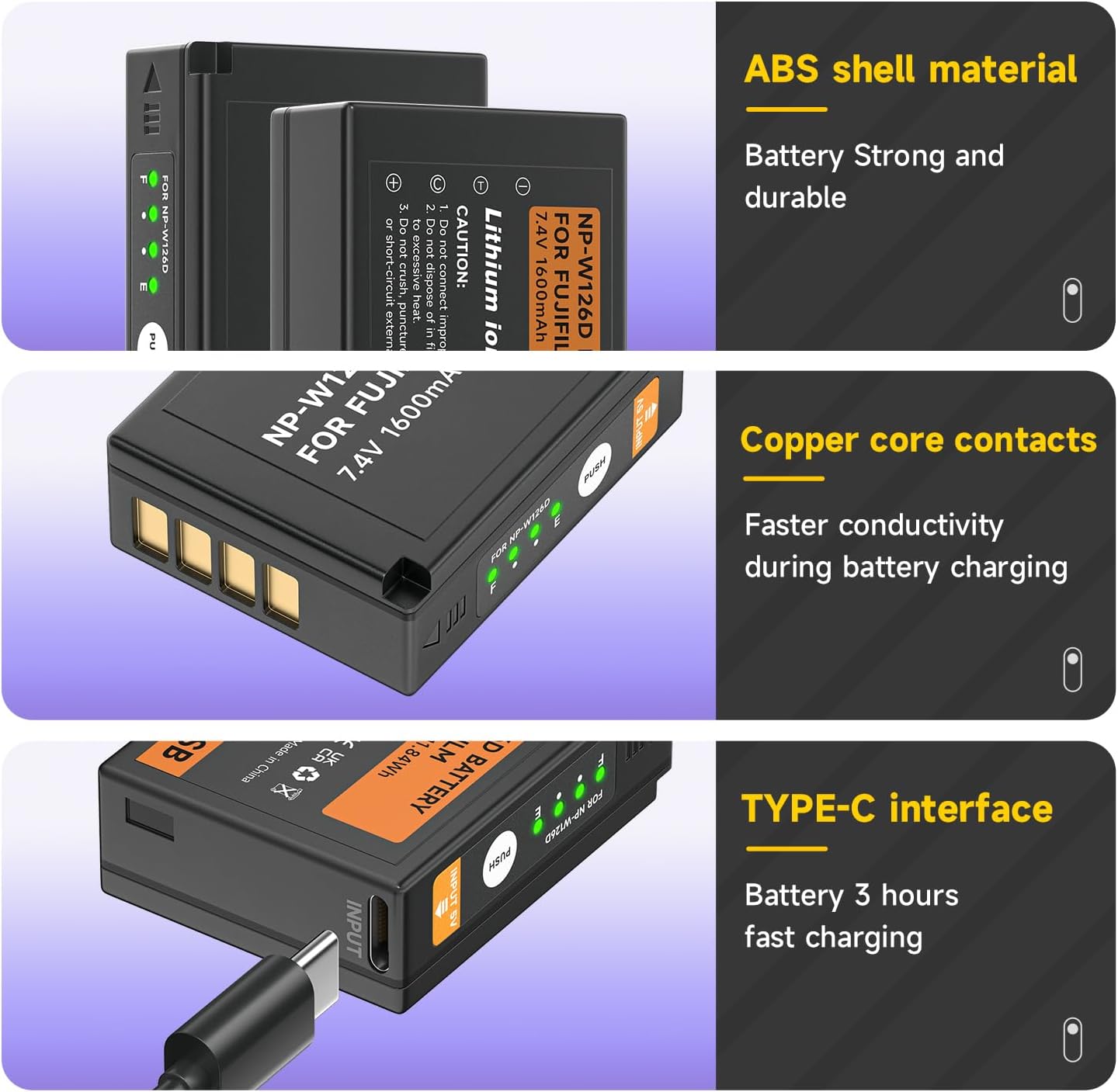 NP-W126s Battery for Fuji x100vi, X-T100, X-T200, X100F, X100V, X-S10, X-A5, X-A10, X-E3, X-E4, X-Pro2, X-Pro3, X-T1, X-T2, X-T3, X-T10, X-T20, X-T30, X-T30 II (2 Pack) - Image 5