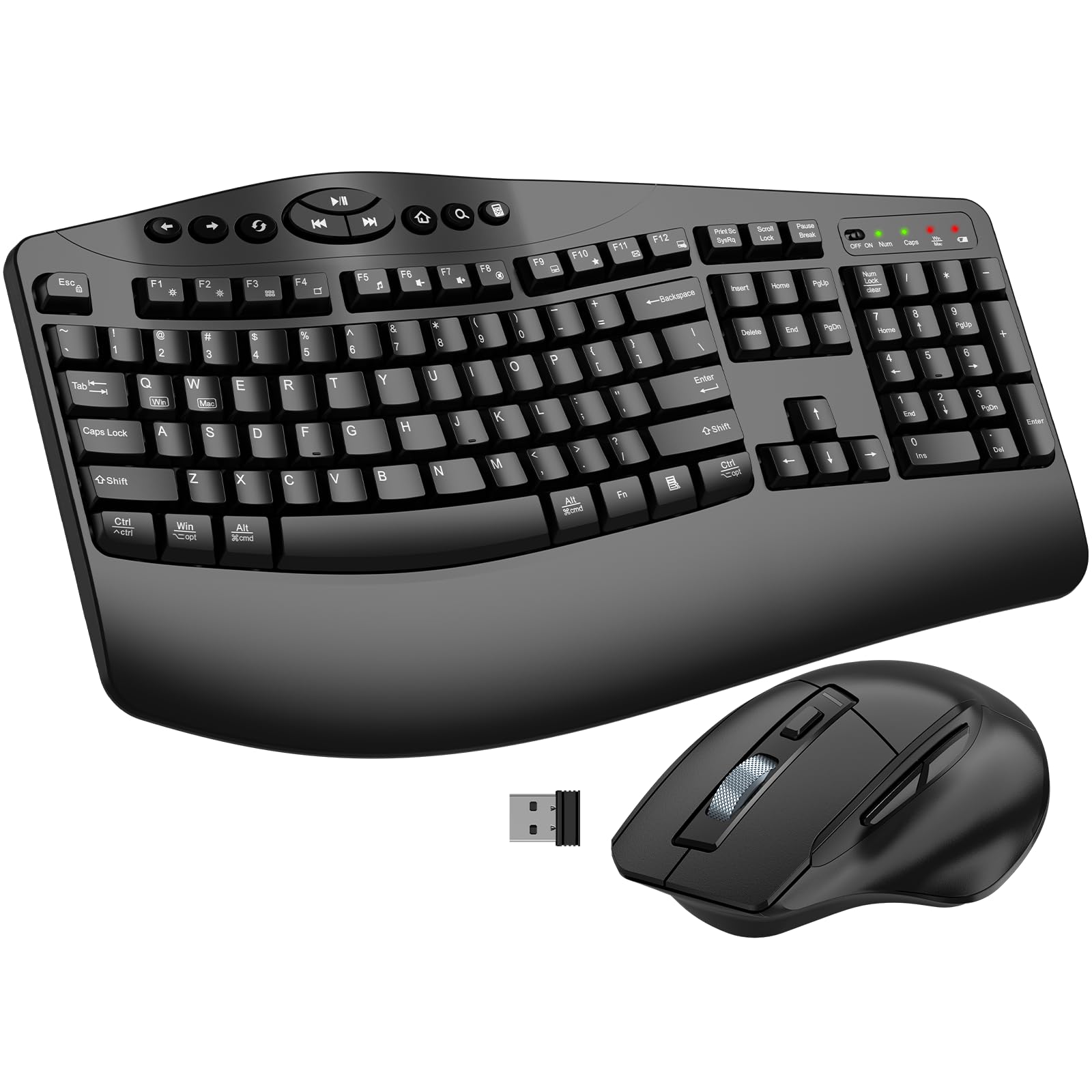 Ergonomic Wireless Keyboard and Mouse Combo, 2.4GHz Full Size Wave Keys Computer Keyboard with Wrist Rest for Natural Typing, Silent 6 Button USB Mouse for Laptop PC Windows Mac (Black)