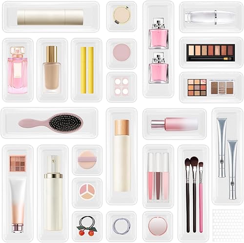 Juego de 24 organizadores de cajones de plástico, resistentes de 3 tamaños, bandejas organizadoras de cajones de tocador de maquillaje y