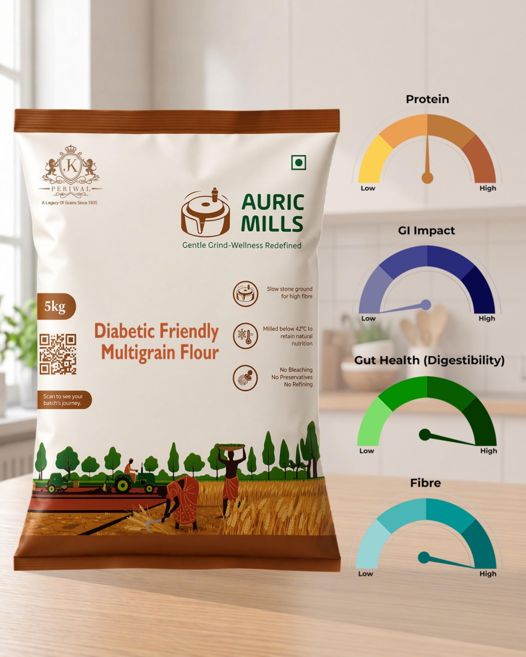 AURIC MILLS Diabetic Friendly Multigrain Atta | Low GI High Fiber Flour | Stone Ground Healthy Atta for Blood Sugar Management & Daily Nutrition | 5 kg