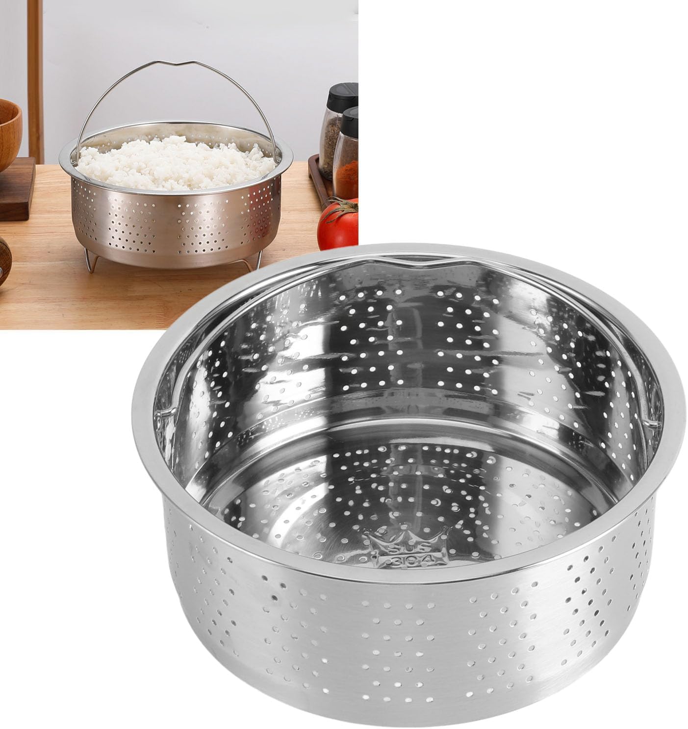 Stainless Steel Steam Basket for Rice Cooker, Sugar Reduction Insert with Handle for Vegetables Eggs Fruits, Effective Amylopectin Removal Steamer Rack