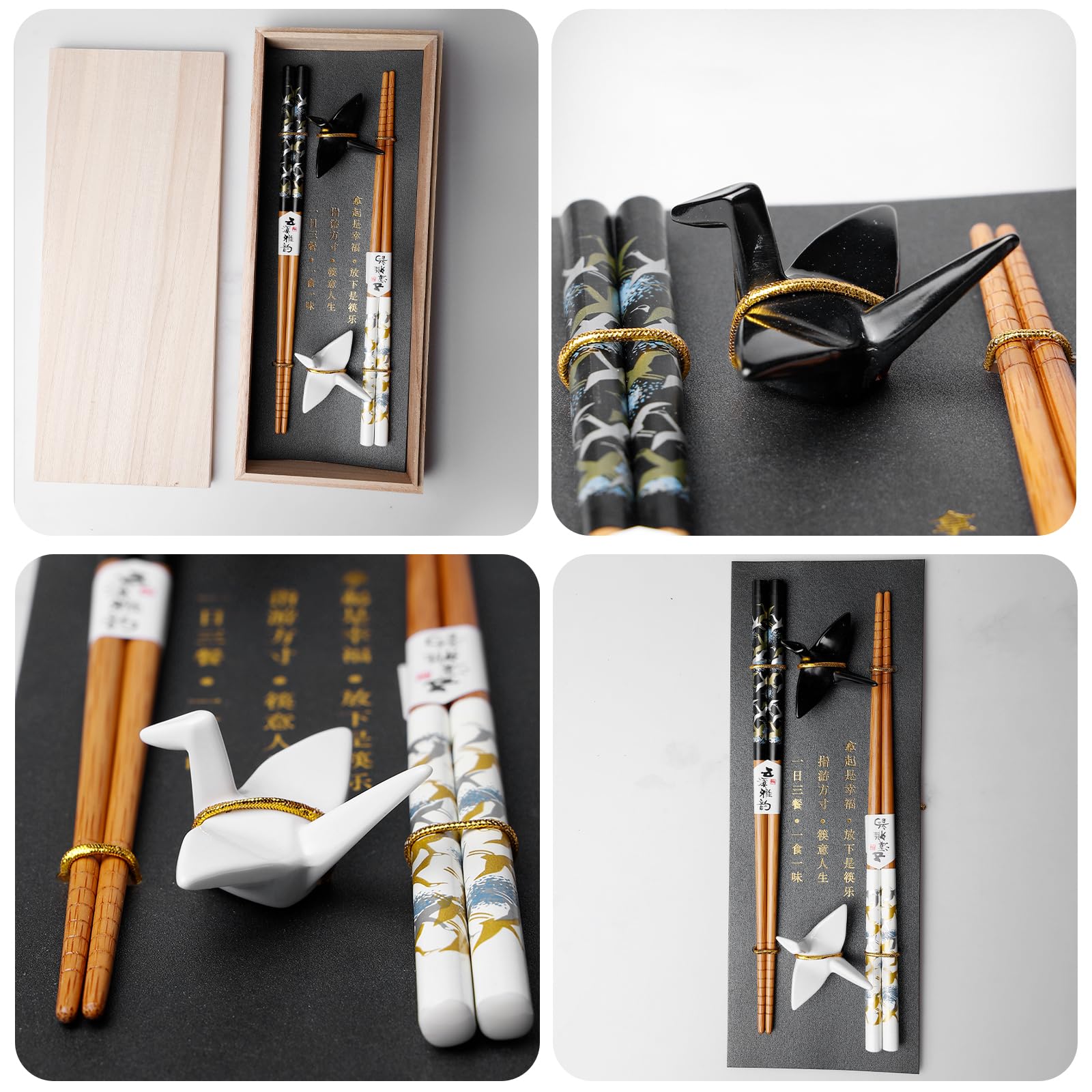 BAIFULAI 2 paia di bacchette per sushi, bastoncini in legno con supporto per gru in ceramica, sostenibili Chopsticks giapponese, cinese, coreano, taiwanese, regalo giapponese