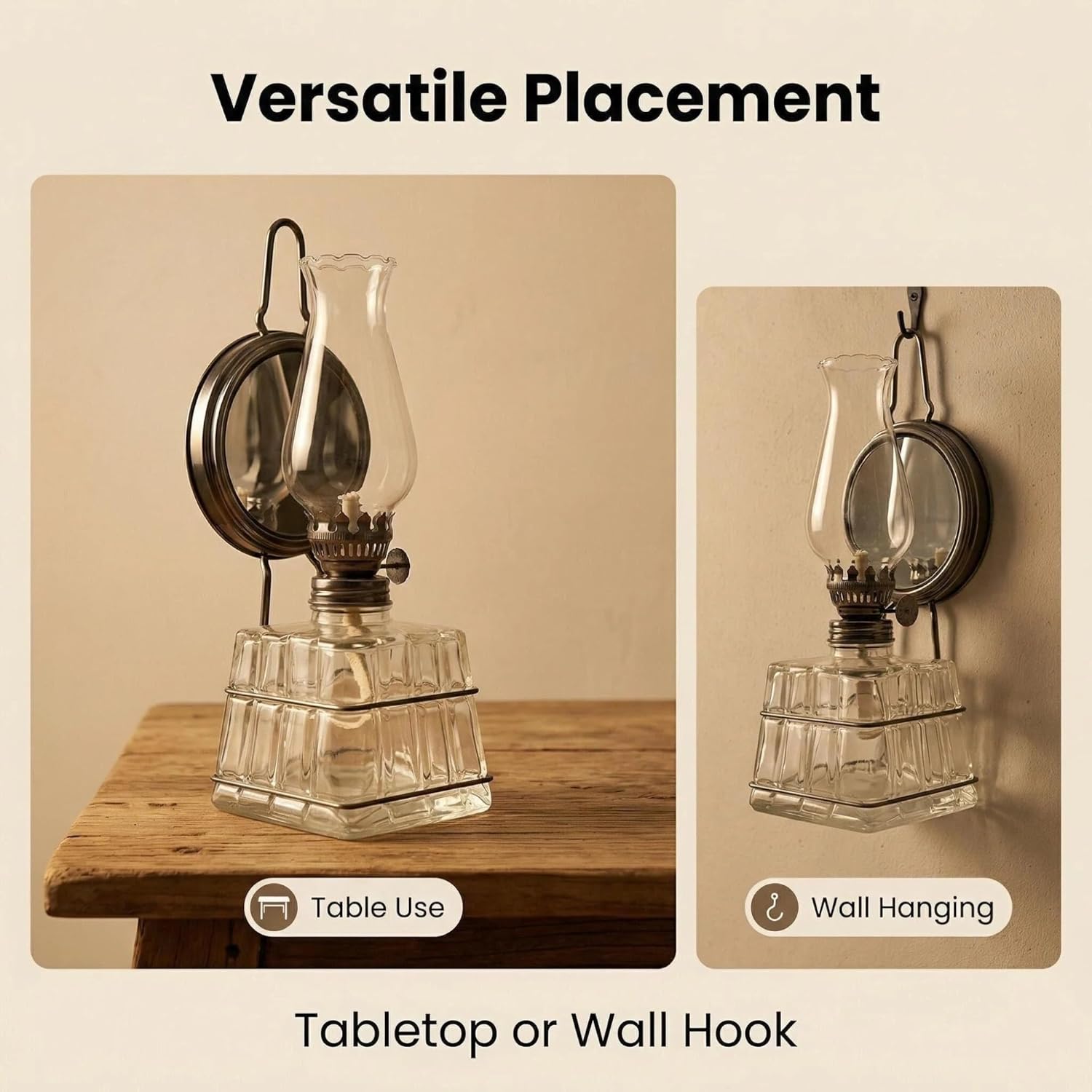 Vintage Glass Oil Lamp, Tabletop & Wall Mount Kerosene Lamp with 330ml Oil Capacity, 10.24" Retro Decorative Hurricane Lamp for Home Decor, Gift & Emergency Lighting(Gunmetal)