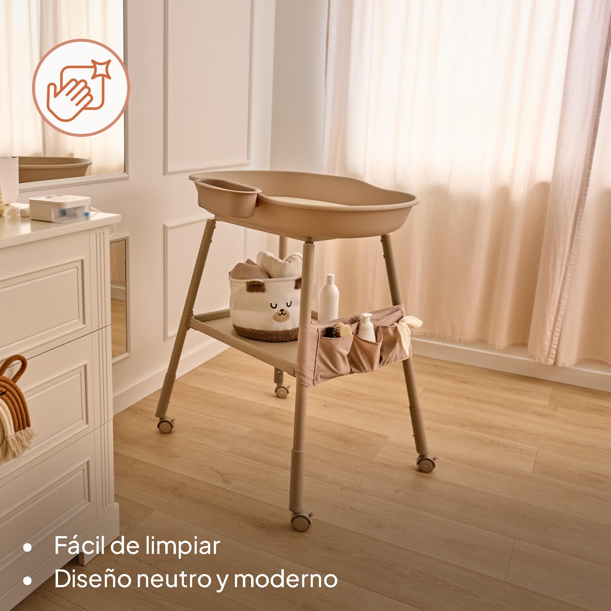 Lionelo Rosie cambiador de bebé, móvil con ruedas, colchón cambiador impermeable, altura regulable, organizadores para accesorios, cuenco para agua, estante para pañales