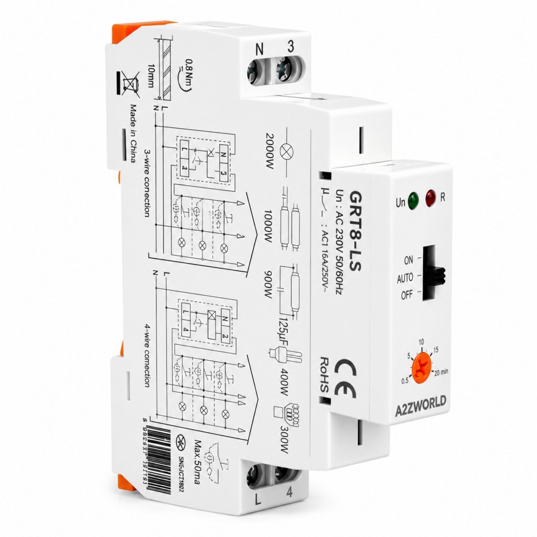 4 Pezzi Relè Temporizzato Luci Scale 230V AC, Temporizzatore Auto ON OFF, Massimo 16A, 0,5-20 Minuti, 1 Modulo DIN, per Corridoi Ingressi Scale e Ventole Bagno, GRT8-LS