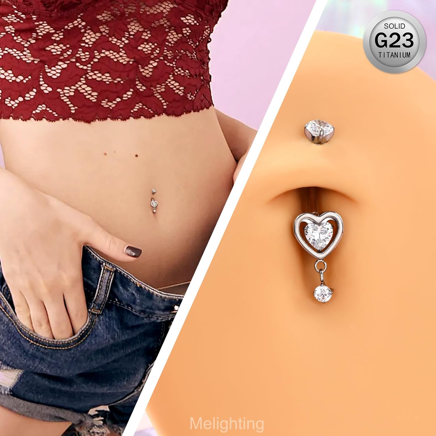Melighting Heart Titanium Belly Button Ring Internally Threaded 14G Dangle Belly Ring Belly Piercing Jewelry Titanium G23 Naval Ring Clear Cz Body Piercing Jewelry - Image 4