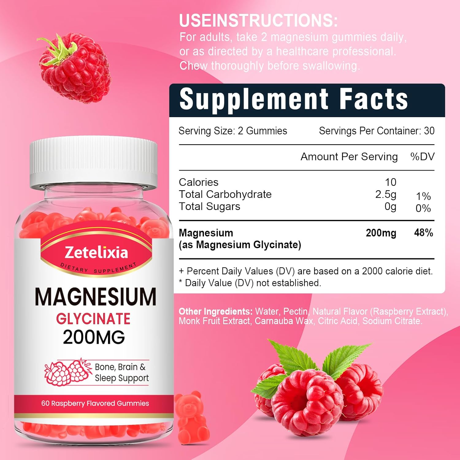 200MG Magnesium Glycinate Gummies, High Absorption Magnesium Glycinate Supplements for Relaxation, Raspberry Flavor 2 Pack, 120 Count
