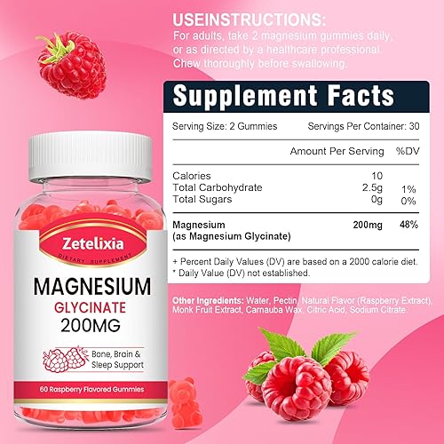 Miniatura 2 de Gomitas de glicinato de magnesio, suplementos de glicinato de magnesio de alta absorción para relajación, masticables de frambuesa para adultos y