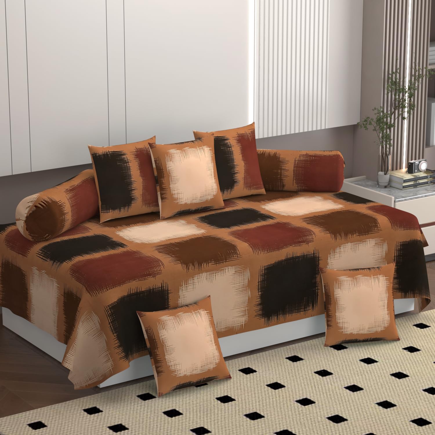 Diwan Set of 8 Pieces - 1 Single Bedsheet, 2 Bolster Covers, 5 Cushion Covers - 100% Microfiber for Living Room and Dining Hall (Brown)-image-18