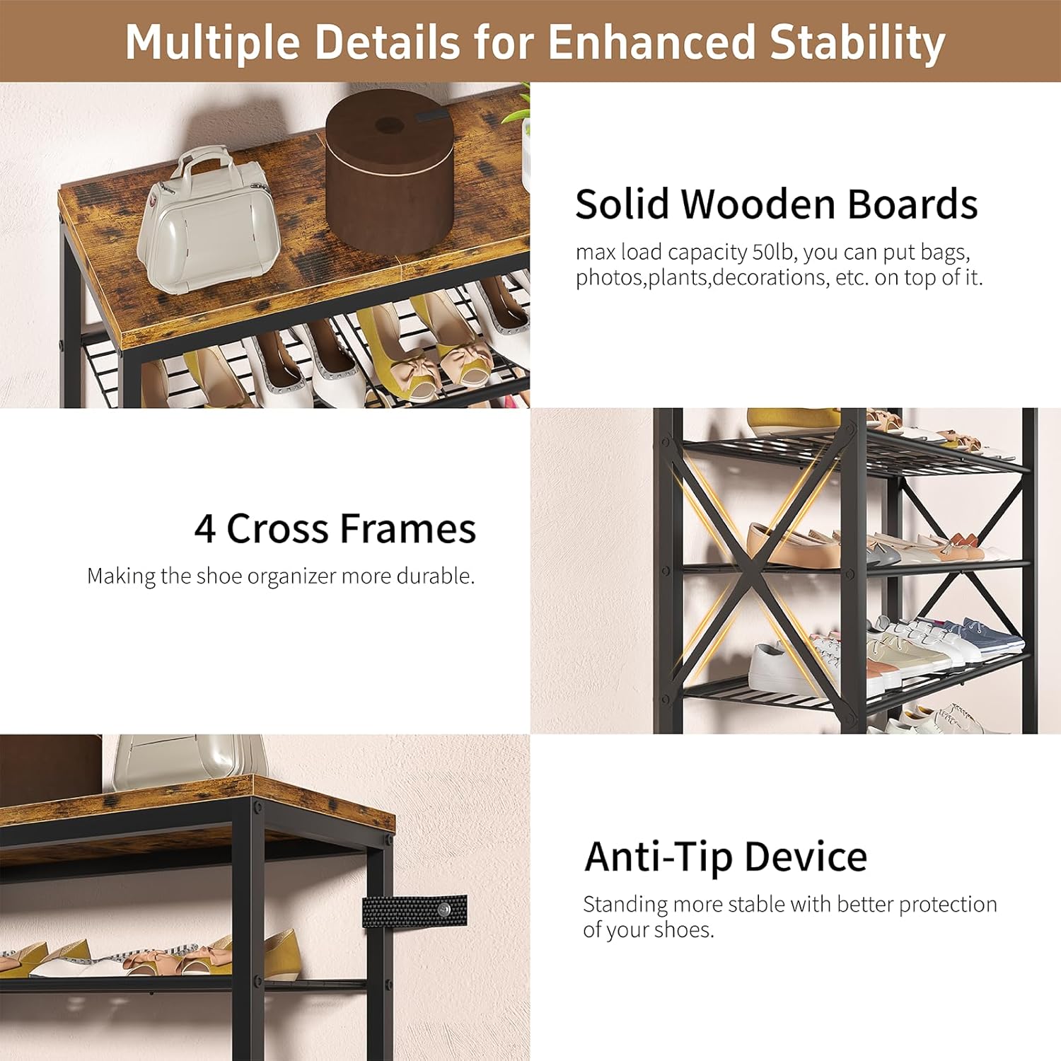 6-Tier Shoe Rack Organizer, Large Capacity Shoe Shelf with Metal Shelves, Holds up to 24 Pairs of Shoes, Shoe Storage for Entryway Closet Bedroom, Rustic Brown