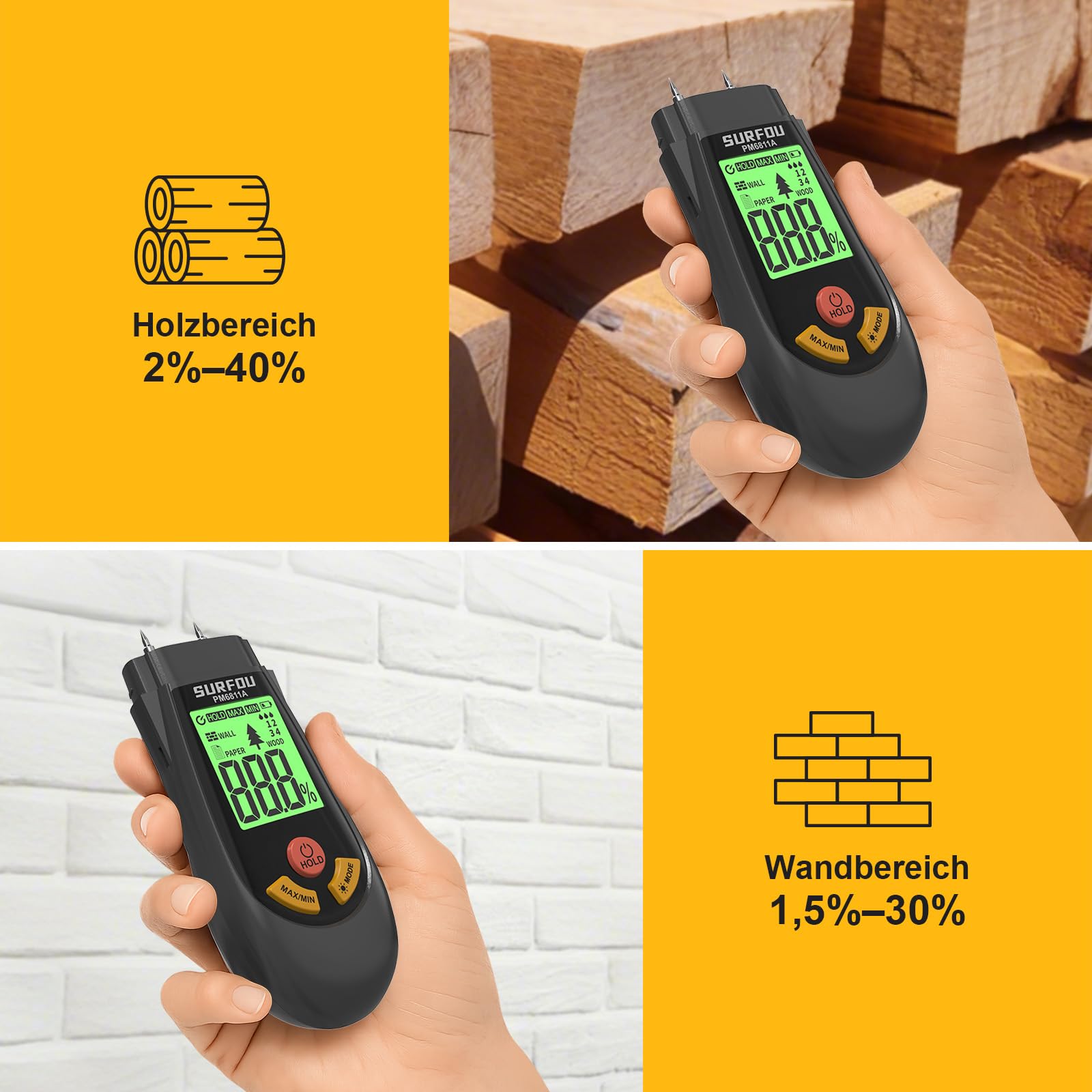 SURFOU Testeur Humidité pour Mur, Bois et Papier, Humidimètre Portable avec 3 Modes, Écran LED et Alarme Tricolore, Hygrometre pour Construction, Bricolage et Rénovation