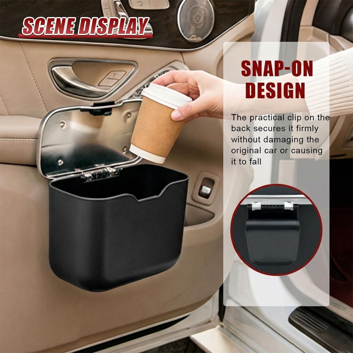 Car Trash Can with Lid, Leakproof Waterproof Car Door Garbage Can, Mini Multipurpose Auto Back Seat Trash Bin, Universal Portable Vehicle Interior Storage Organizer Accessories (Black)